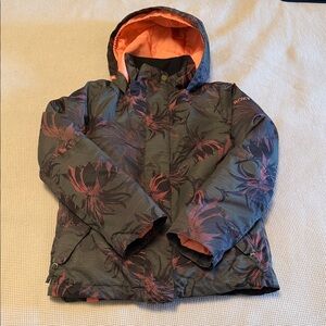 Roxy Girls' Dark Gray Floral Puffer Ski Jacket with Orange Lining